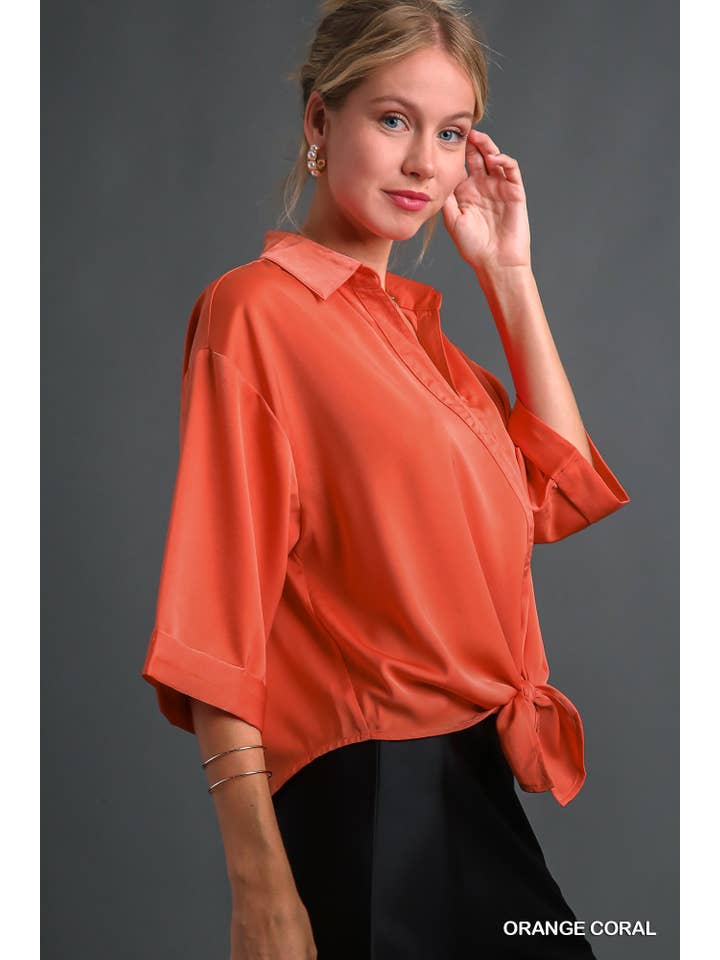Vanilla Monkey - Wholesale Blouse - Women's - Satin Collared Button Down Front Tie Top