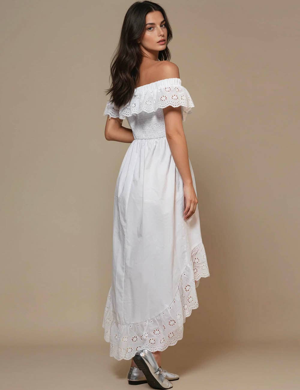 Blanc Robe Midi Épaules Dénudées à Œillets Floraux pour Femmes SKD50298 en vente sur Faire9