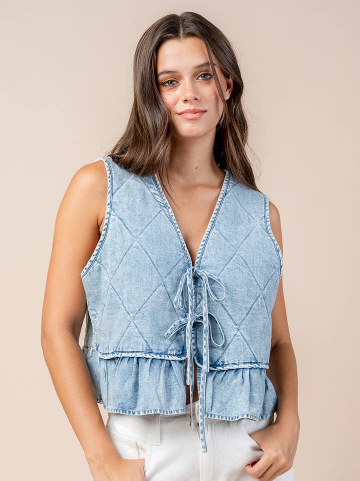 CT10635Y / QUILT DETAILED FRONT TIE CHAMBRAY VEST and other Purchase Wholesale chambray shirt. Free Returns & Net 60 Terms on Faire trending on Faire.