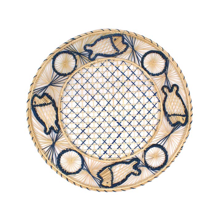 Washein - Wholesale Placemat - Blue Fish Round Placemats Natural Straw