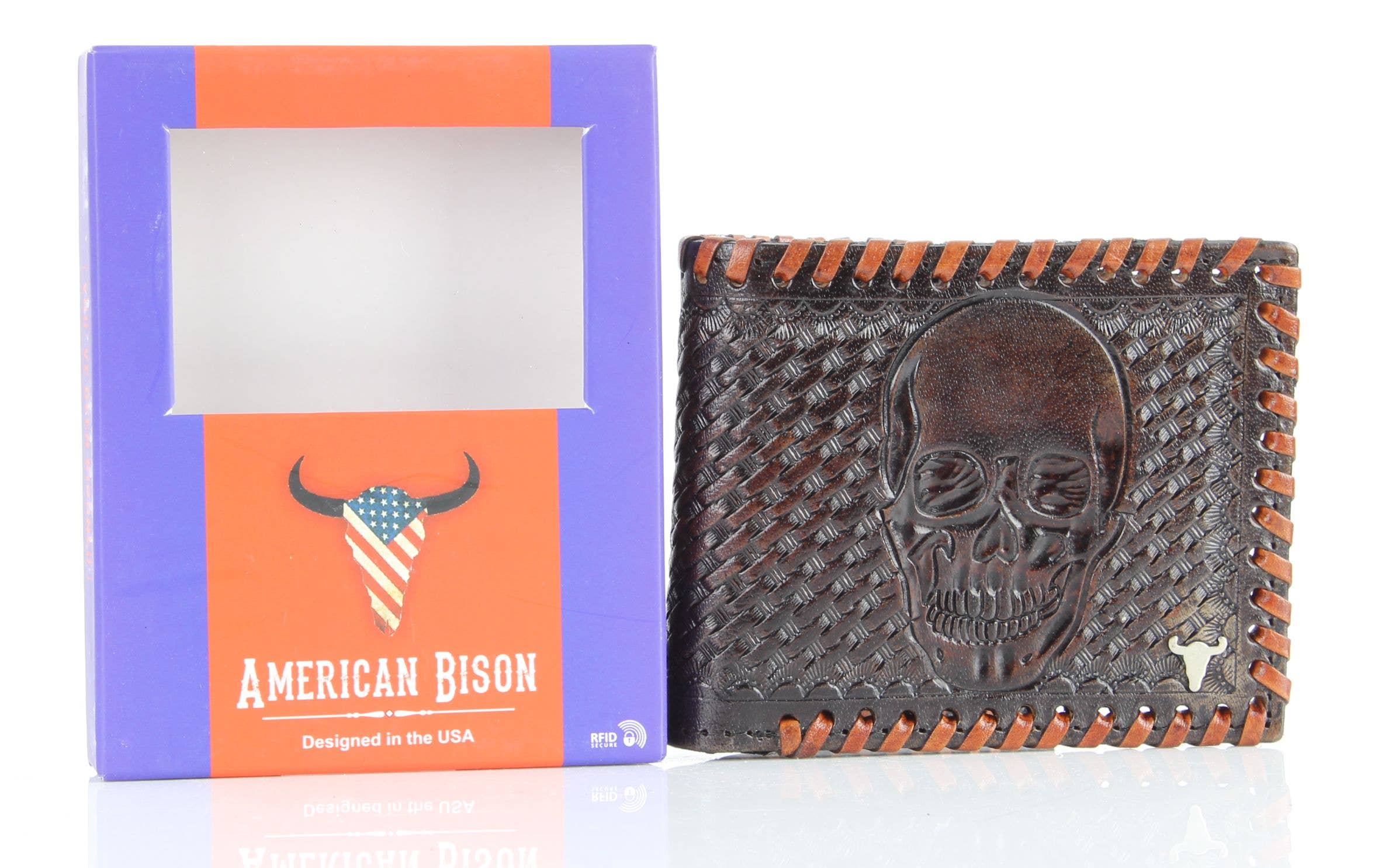 Leather Impressions Inc – Carteira – Homem por atacado – Carteira Americana Bison Lace Edge Pele Tooled Caveira Bifold10
