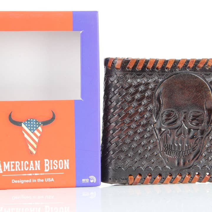 Leather Impressions Inc – Carteira – Homem por atacado – Carteira Americana Bison Lace Edge Pele Tooled Caveira Bifold10