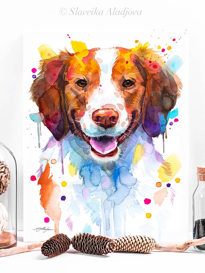 Brittany Spaniel , Dog Watercolor Painting Print, Cute Pet, for wholesale by Slaveika Aladjova