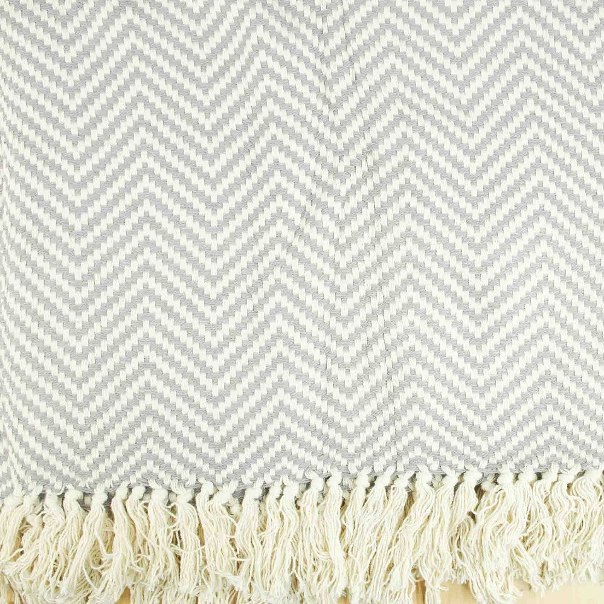 Kantha Decor – wholesale Throw blanket – Cotton Herringbone Throw With Fring-Grey White Zig Zag Lines0
