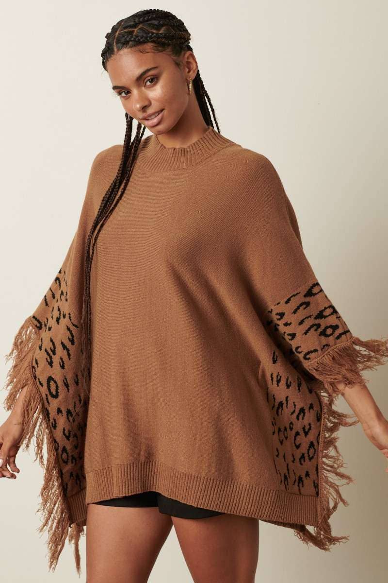 mittoshop - Wholesale Poncho - Women's - ANIMAL PRINT DETAIL TASSEL OVERSIZED PONCHO10