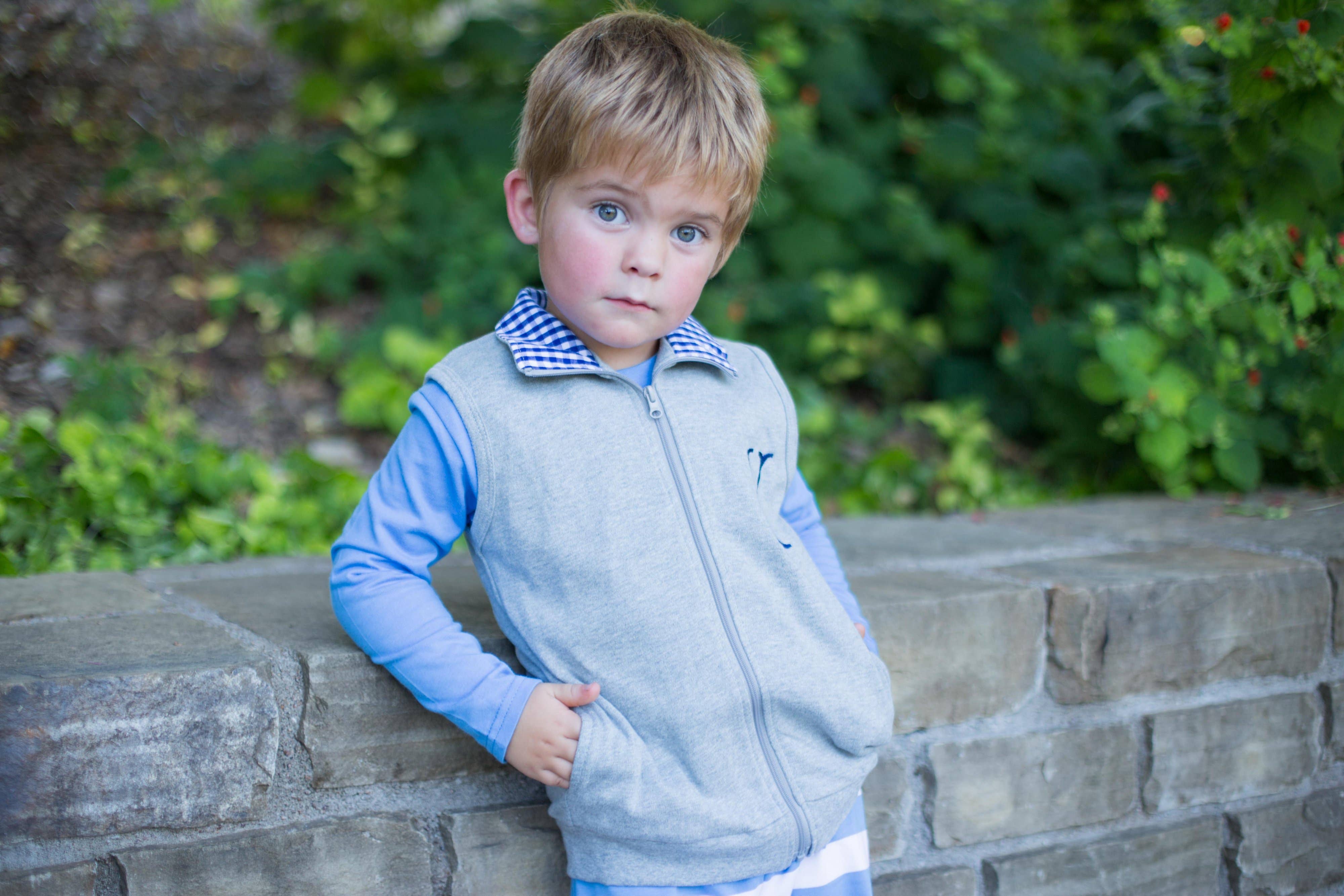 Love That Cotton - Wholesale Outerwear Vest - Kids - Gingham Accent Vest - Grey with Navy1