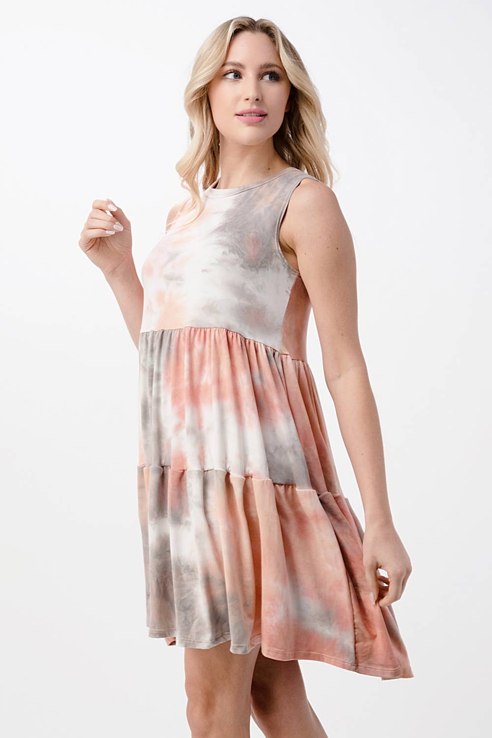 Pink Grey Sleeveless Tiered Tie-Dye Dress for wholesale on Faire1