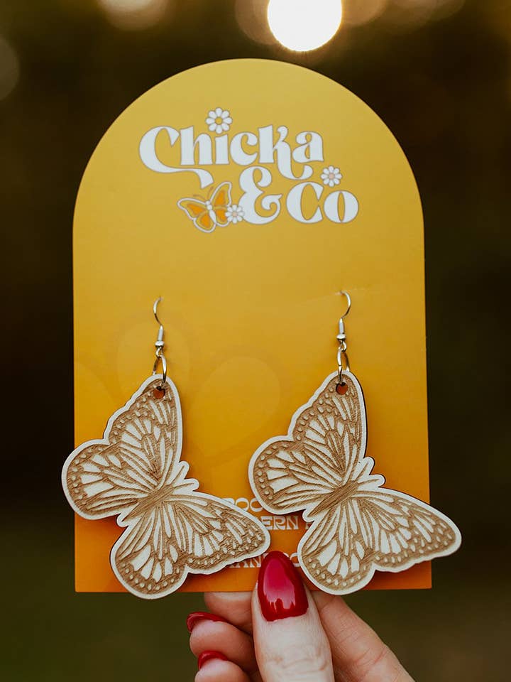 Wood Butterfly Earrings for wholesale by Chicka & Co