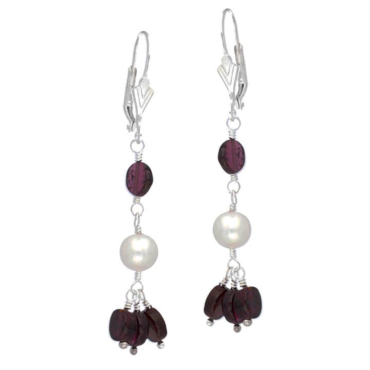 Genuine Garnet and Shell Gemstone Beaded Sterling Silver Leverback Earrings for wholesale by Silver Insanity