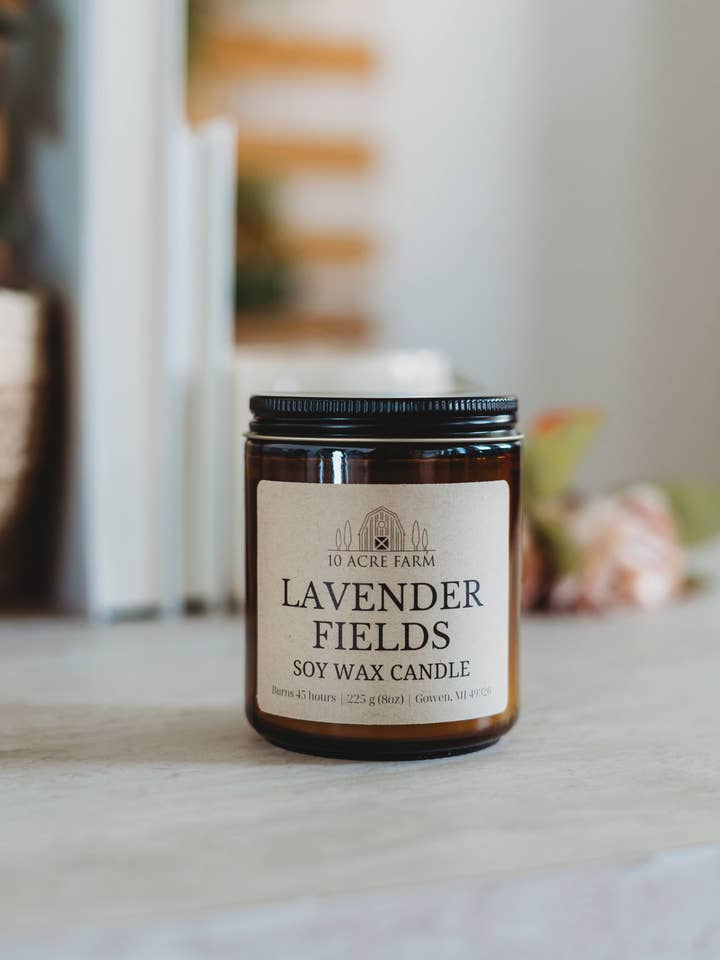 Lavender Fields 8oz Amber Glass Soy Candle for wholesale by 10 acre farm
