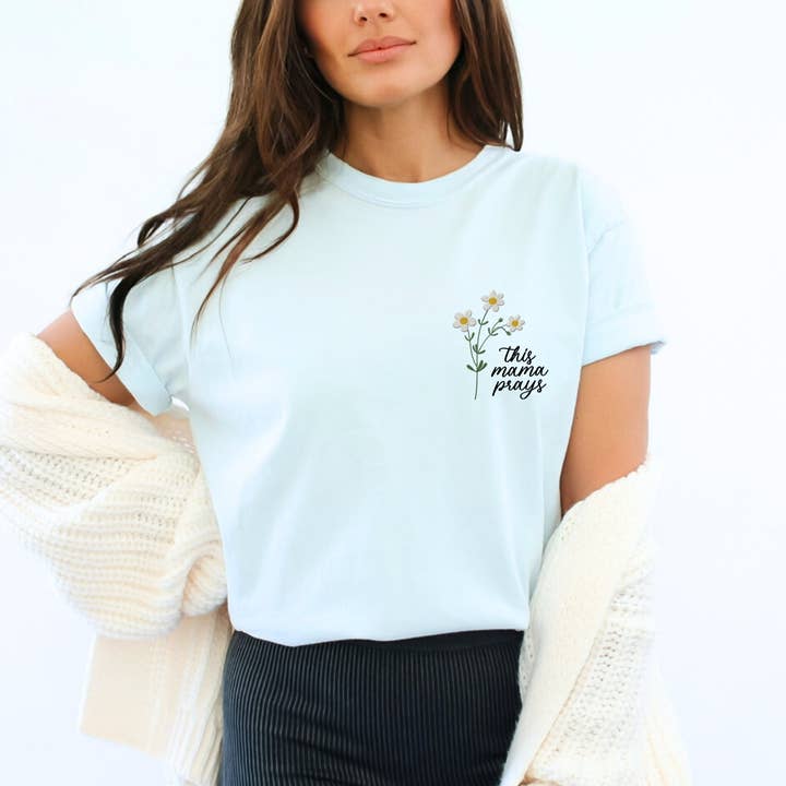Scripted Pearl - Wholesale T-Shirt - Women's - This Mama Prays Daisy Embroidered Comfort Colors T Shirt21