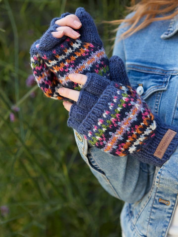 Iona Knitted Wool Fair Isle Glove Mitts Denim Blue for wholesale by Pachamama Ltd