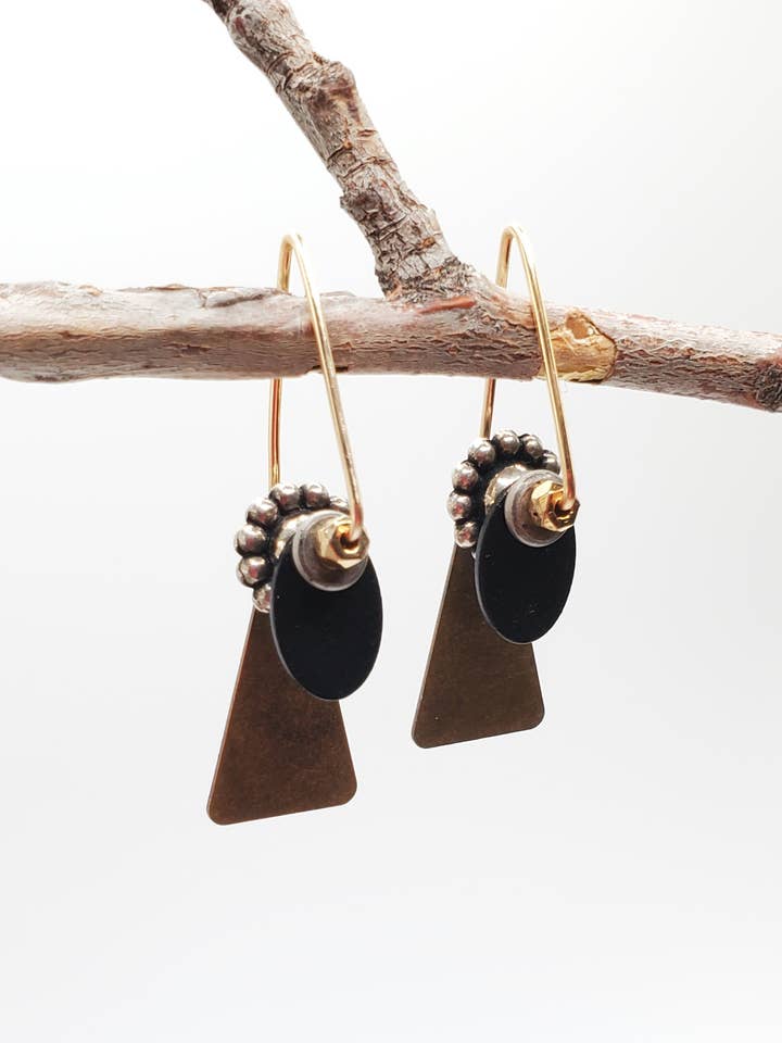 Earrings, Mixed Metals Tri-dangles, Zoya for wholesale by Jezabel Adornment
