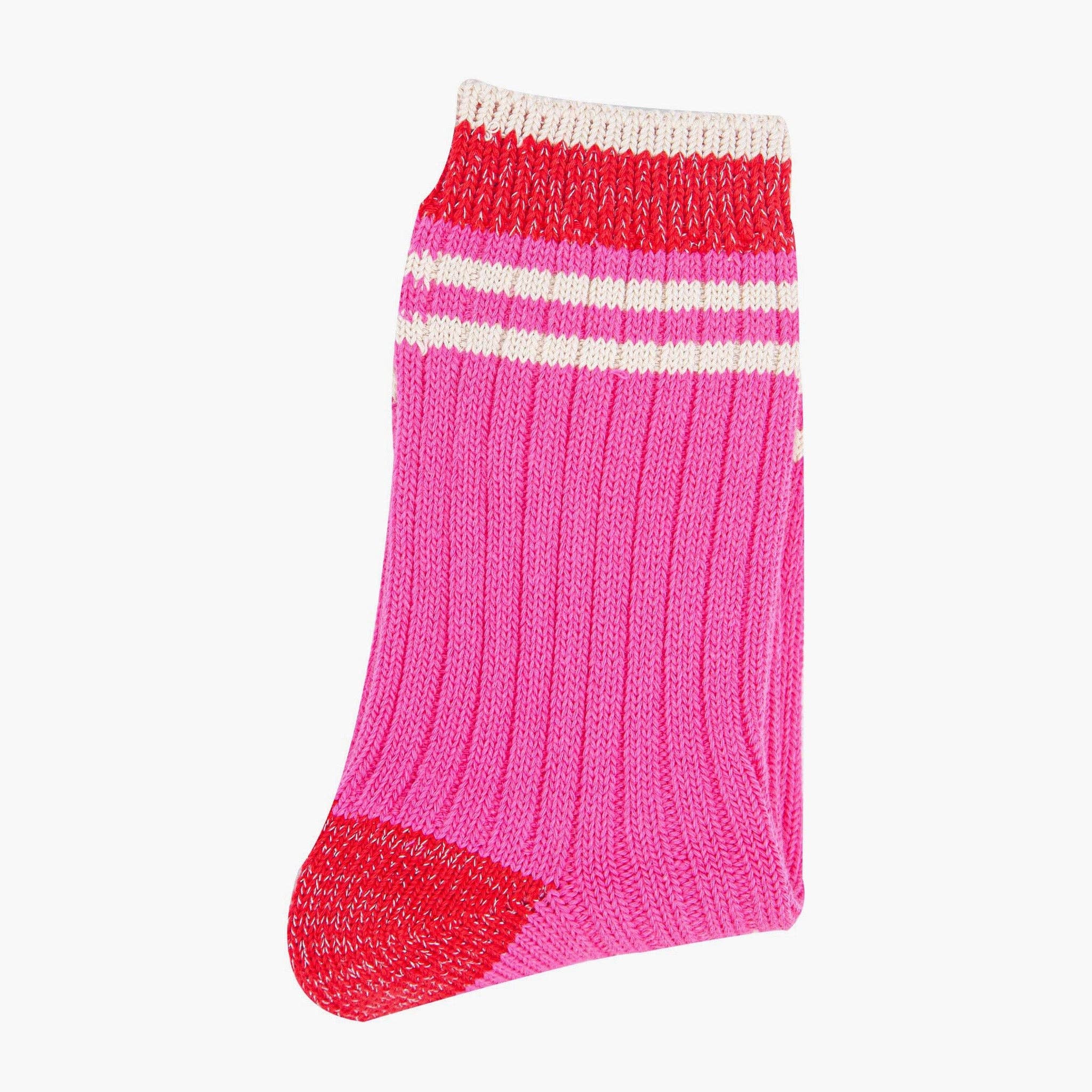 Sock Talk - Vente Chaussettes – femme - Chaussettes mi-mollet pour femmes - Rose/Rouge, bord-côte rayé3