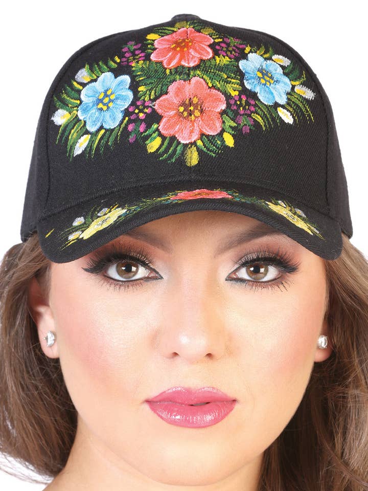 Artisanal Hand Painted Flowers Cap 60% Polyester, 40% Nailon Black for wholesale by Conejo Western Wear