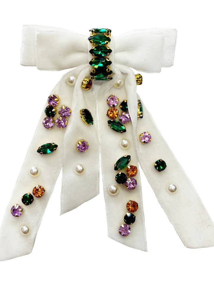 Bejeweled Ribbon Bow - White for wholesale by Mardi Gras Creations