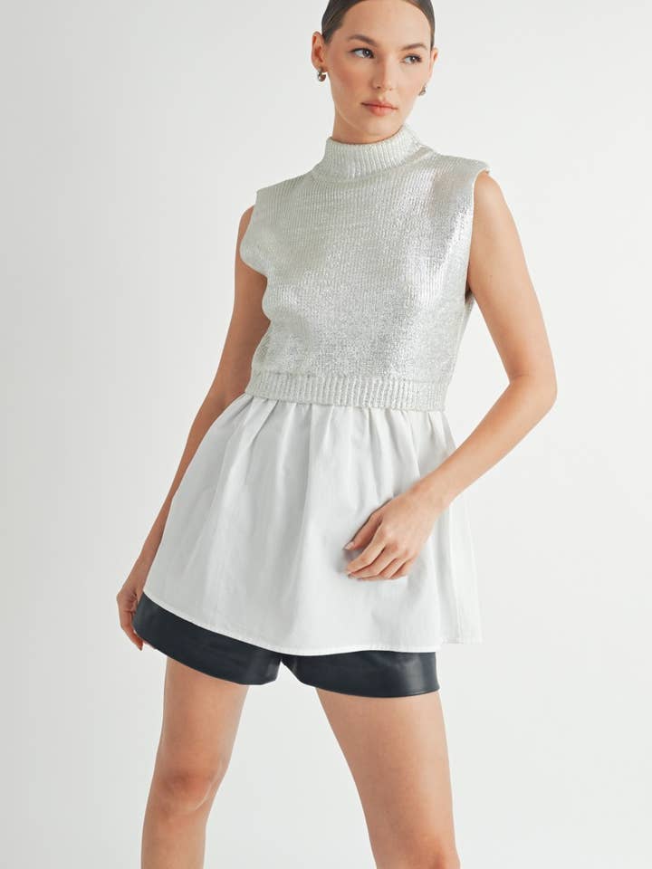 Ärmelloses Oberteil aus metallisch silbernem Strick - Silber -1 für den Großhandel von AIBLEE