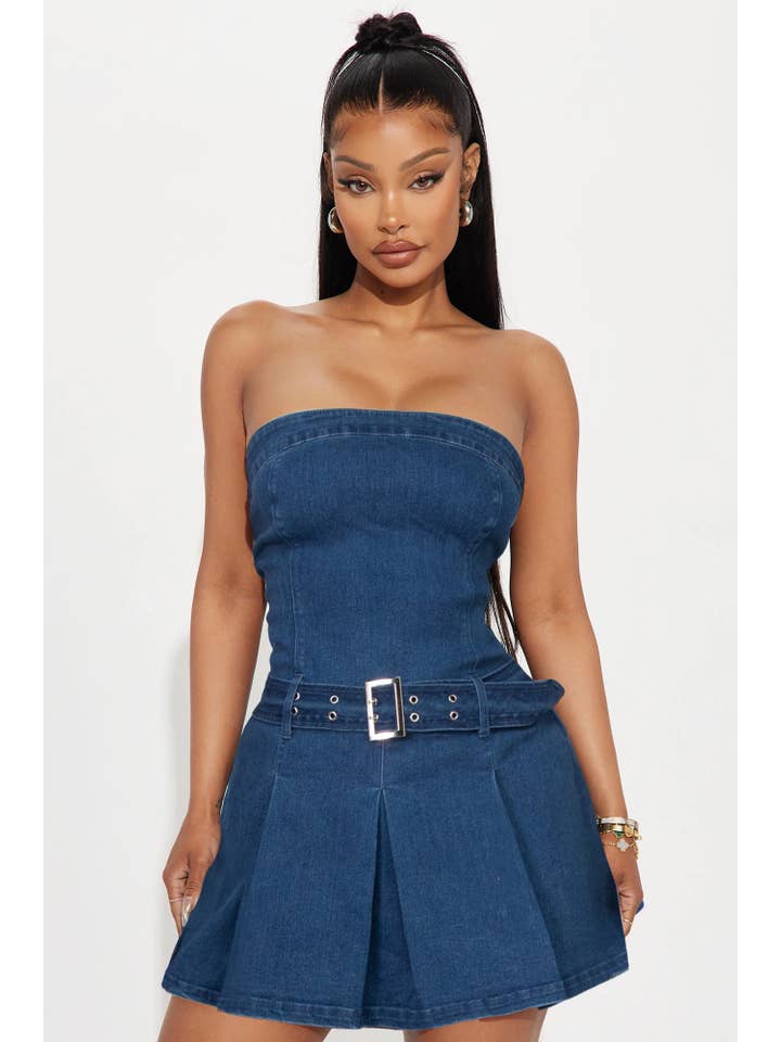 5besties inc - Vente Robe – femme - Robe tube en denim avec ceinture1