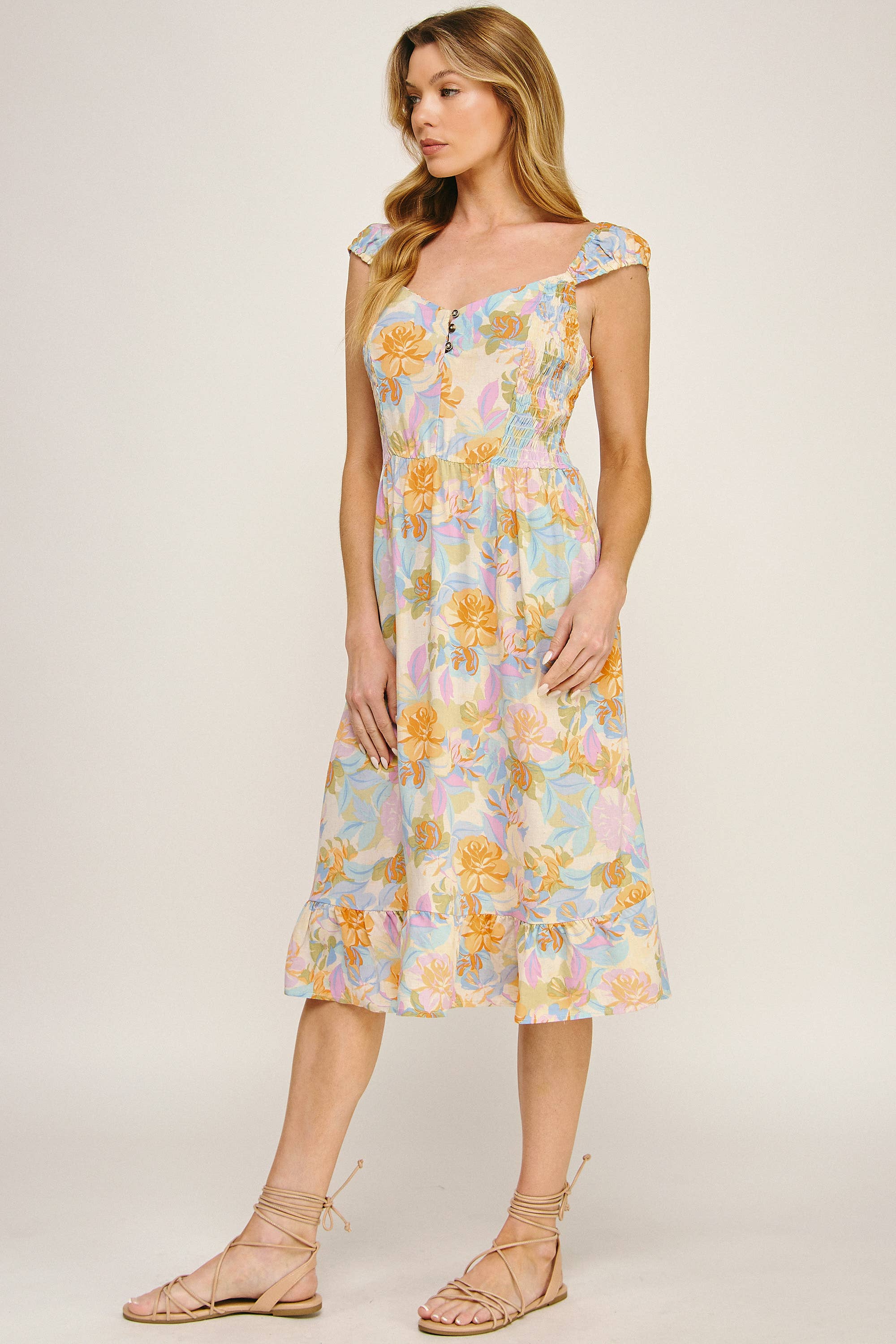 IVPEM ANTIKES ROSENBEDRUCKTES MIDIKLEID MIT ELASTISCHEN ÄRMELN für den Großhandel auf Faire7