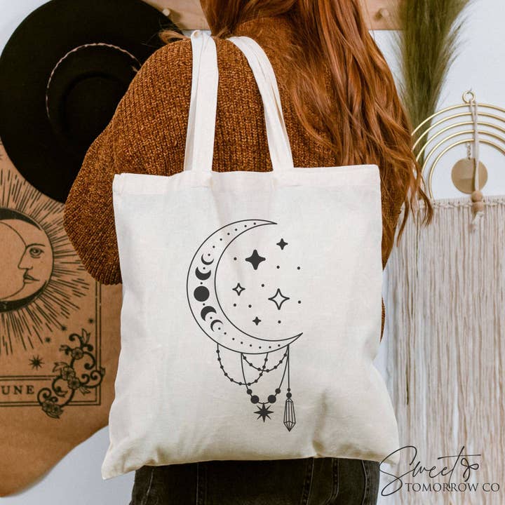 Cataleya Designs Studio LLC – wholesale Tote bag – Women's – Celestial Moon Cotton Canvas Tote Bag Medium Grocery Bag3