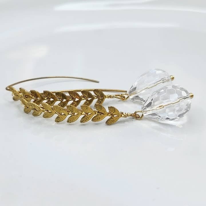 Quartz & Chevron Leaf Chain Earrings Worn by Mandy Moore for wholesale by Sara Sela Jewelry