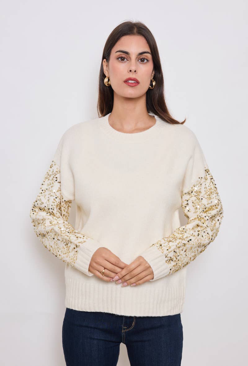 KY CREATION PARIS - Wholesale Knit Sweater - Women's - Round neck sweater with sequin sleeves0