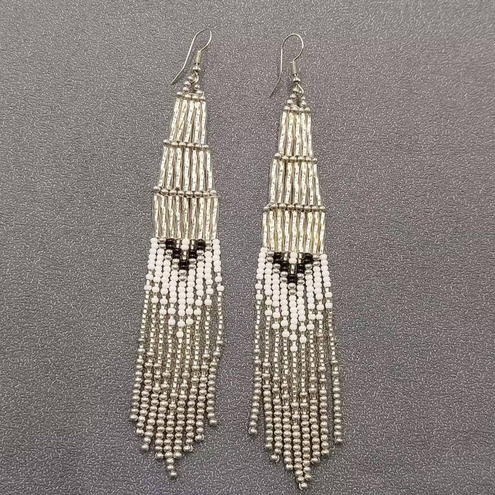 Mio Queena - Wholesale Tassel Earrings - Bohemian Off-white & Grey Seed Beads Fringe Earrings - BJ/SB1