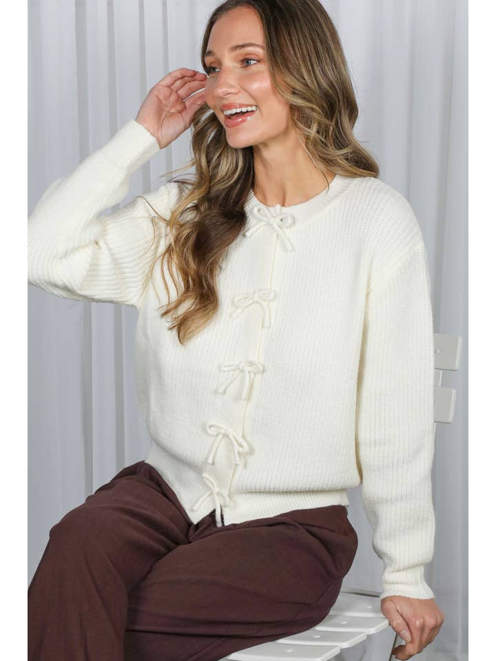 Vine & Love - Wholesale Knit Sweater - Women's - Bow Snap Button Detail Long Sleeve Cardigan Sweater VT828152