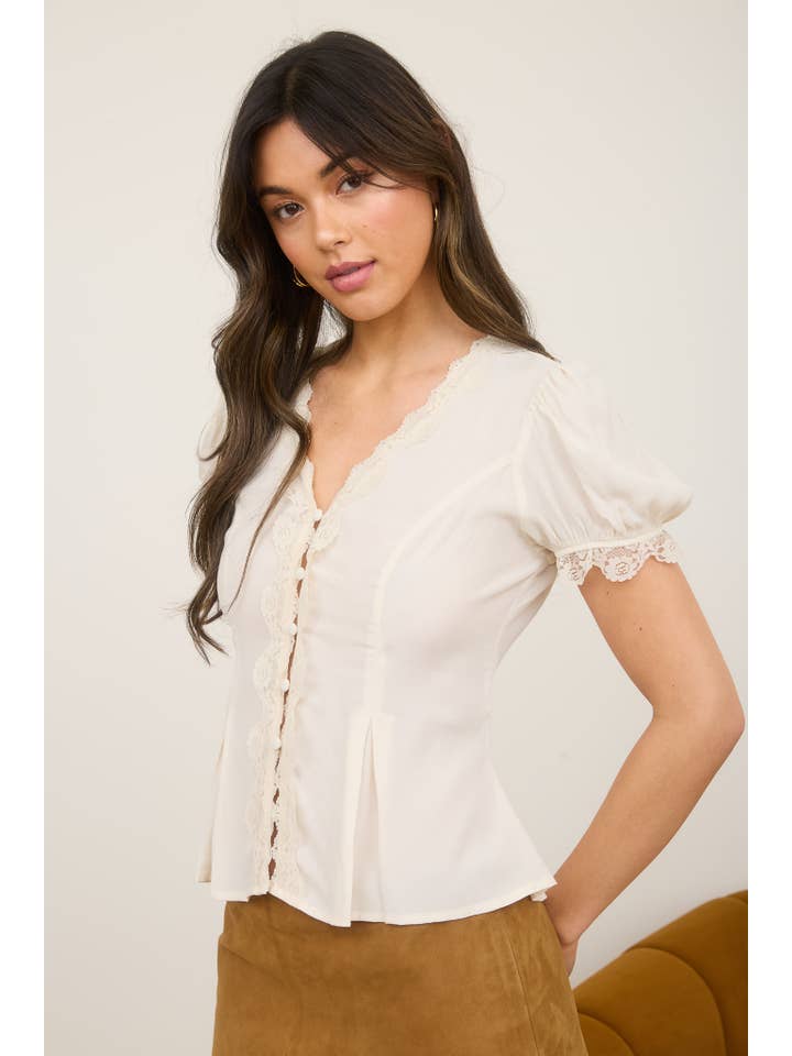 The Workshop Studio – Blusa - Mulher por atacado – BLOUSA DE MANGAS BUFANTES COM BOTÕES E RENDAS2