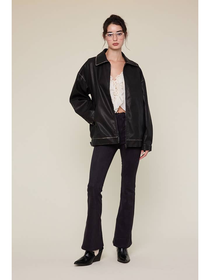 Sky to Moon - Wholesale Leather Jacket - Women's - FAUX LEATHER COLLARED OVERSIZED CASUAL JACKET14