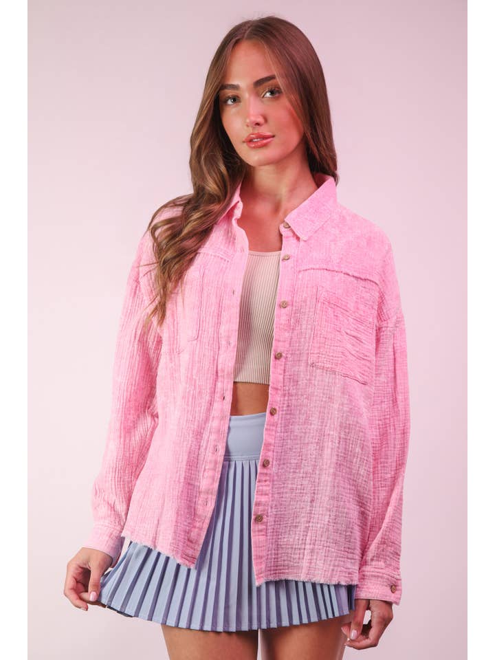 VERY J - Wholesale Button Down Shirt - Women's - NT11914-Mineral Washed Gauze Button Down Shirt Top