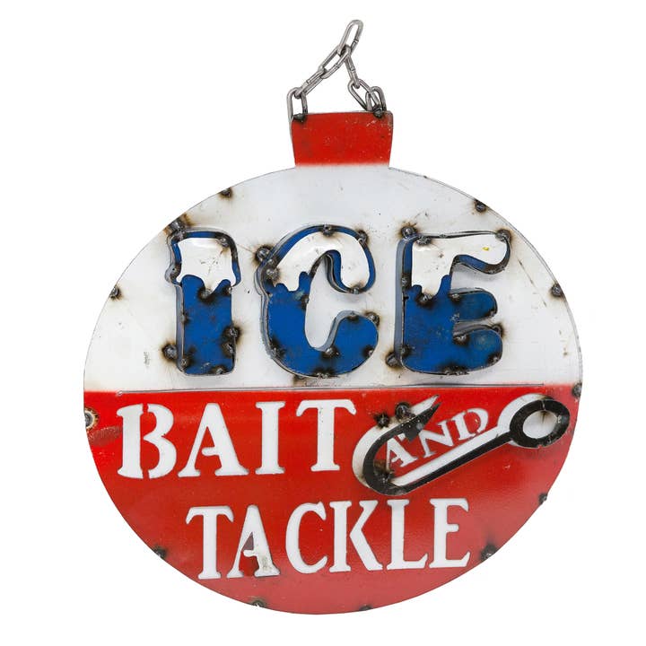 Ice Bait and Tackle Round Metal Sign for wholesale by Rustic Arrow