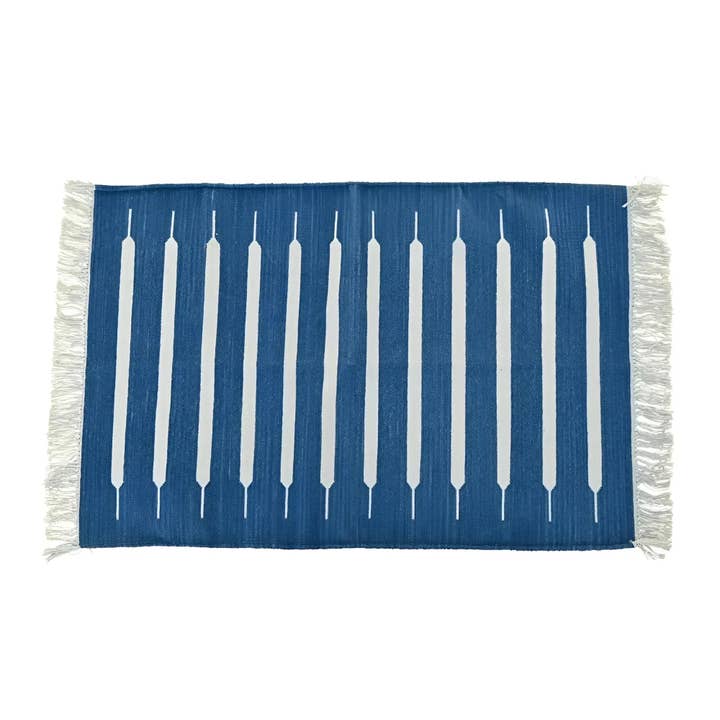 Handwoven Blue and White Mini Stripe Cotton Rug with Fringes for wholesale by Maia Homes