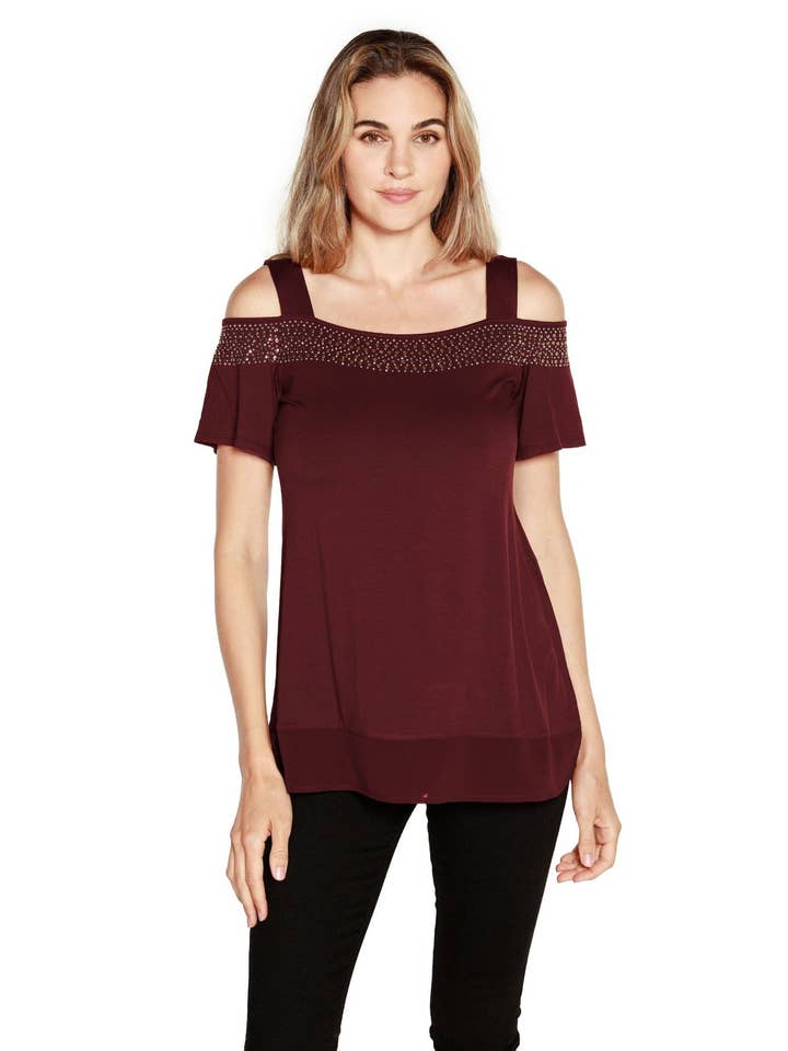 Belldini - Wholesale Blouse - Women's - Women's Cold Shoulder Tunic with Studs and Sequins15