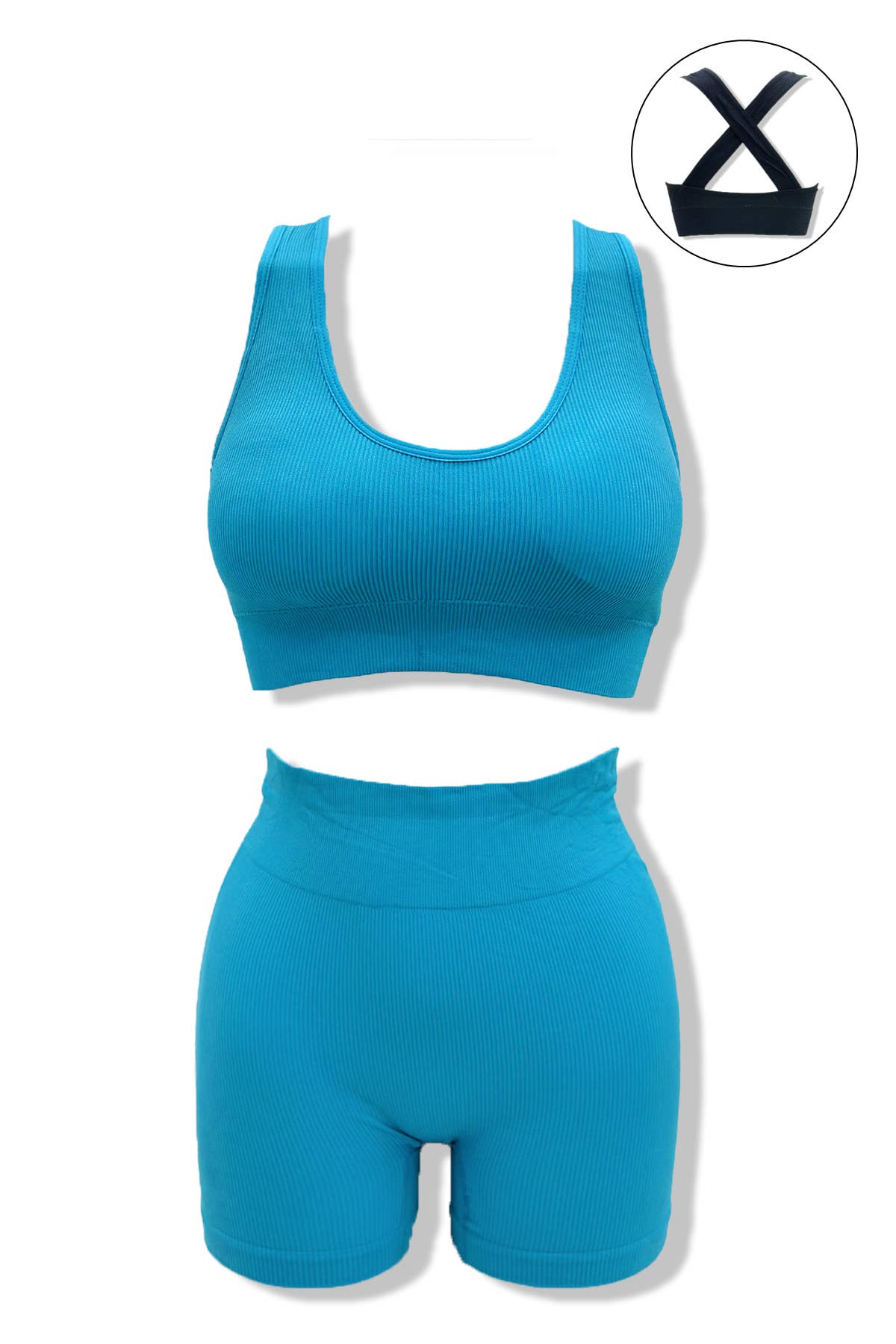 Belle Com'Elle – Großhandel Sportbekleidungsset – Damen – Geripptes Sportset mit Überkreuz-BH und Radlerhose7