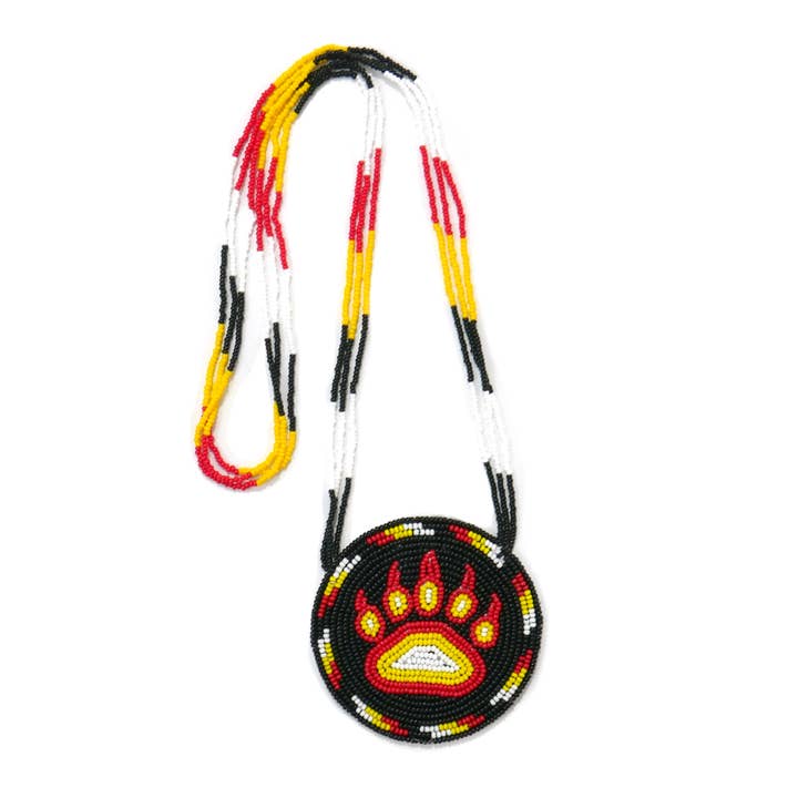 KANGURAH - Wholesale Pendant/Charm Necklace - Native American Style Beaded Bear Paw medallions (Black)