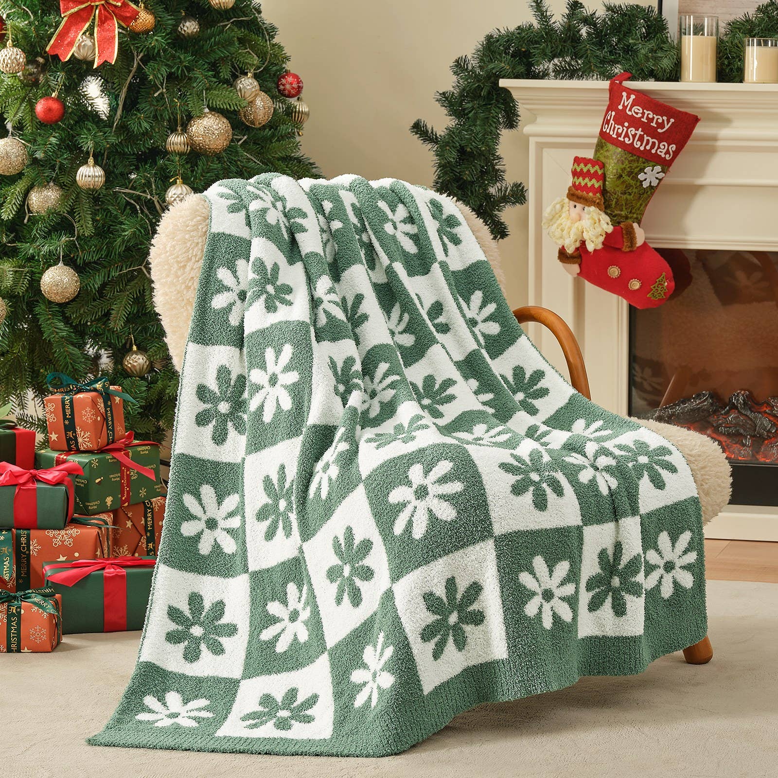DreamValley - Wholesale Throw Blanket - SS Checkered Floral Throw Blanket Reversible Knitted Throw0