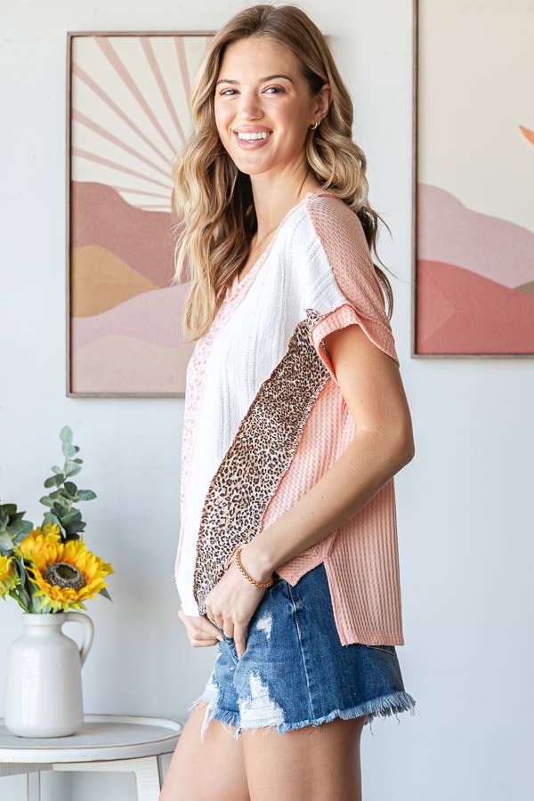 7th Ray - Wholesale Tunic - Women's - Multi Fabric Patchwork V neck Short Sleeve Top T594113