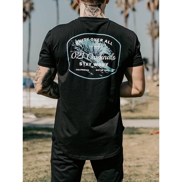 STAY WAVY DROP-CUT T-SHIRT - BLACK for wholesale by 021 Originals