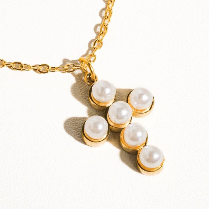 Yellow Gold Faith Non-Tarnish Dainty Pearl Cross Necklace for wholesale on Faire