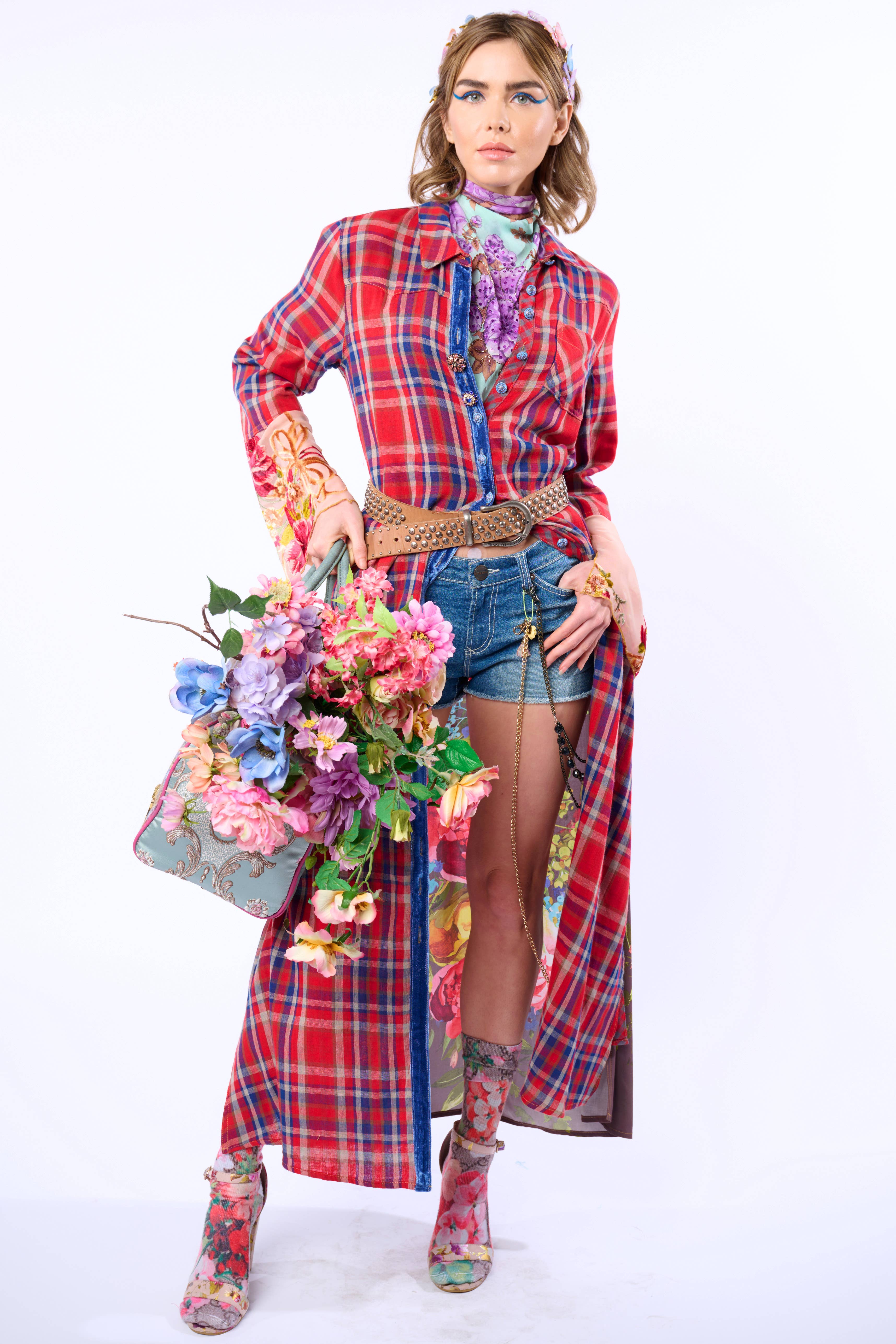 Rode geruite combinatie Anna knoopsluiting Maxi Overhemdjurk / Duster voor groothandel op Faire1