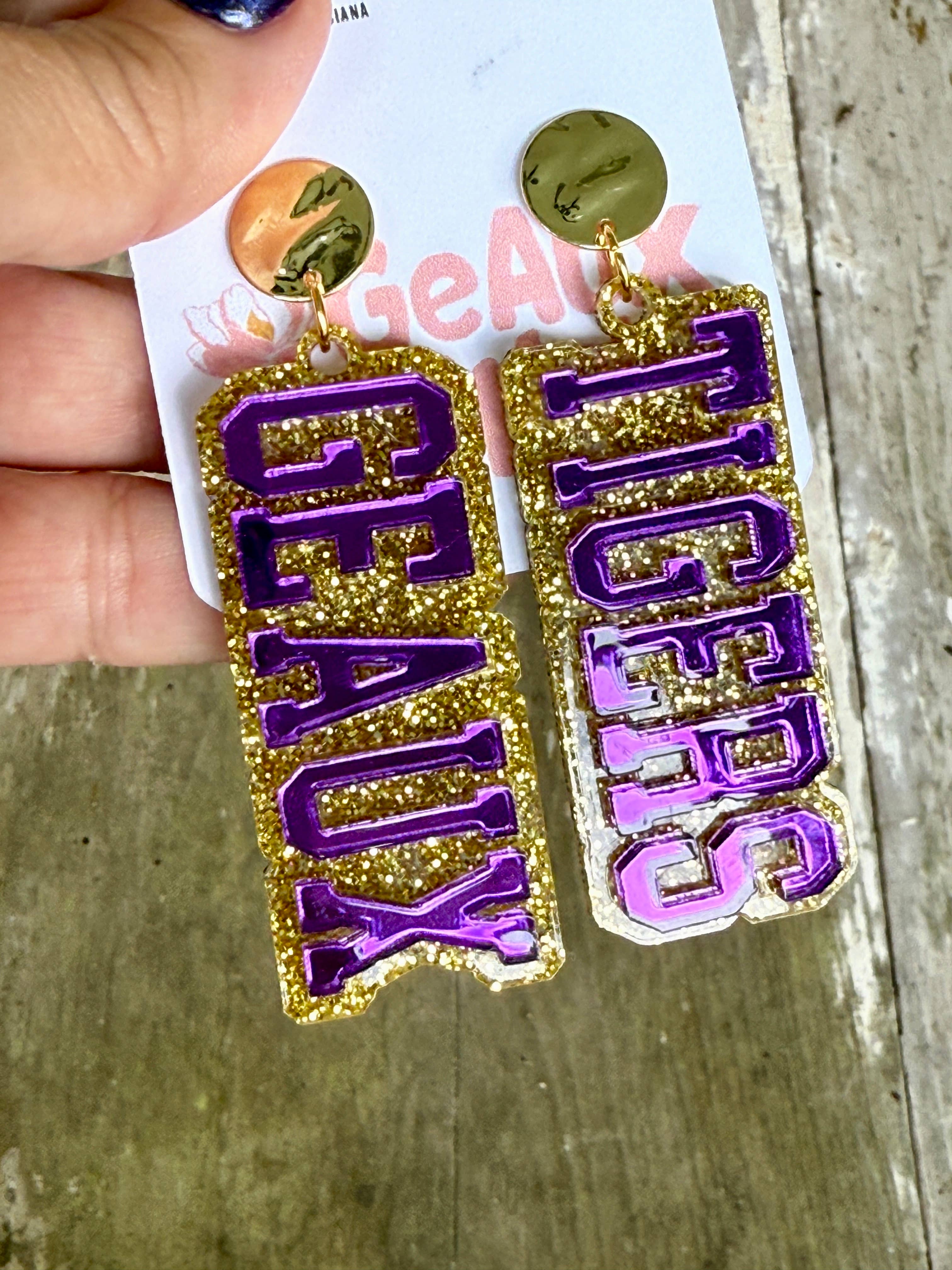 Geaux Magnolia – wholesale Hängande örhängen – Geaux Tigers Lager-på-lager Spegel & Glitter Dinglande Örhängen LSU1