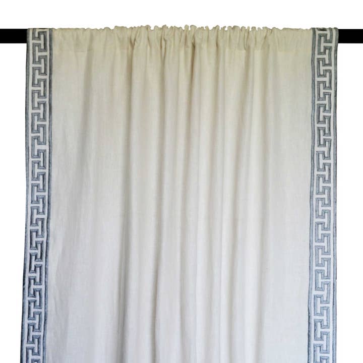 Ivory Linen Curtain With Gray Greek Key Embroidery On Either Side for wholesale by Amore Beauté