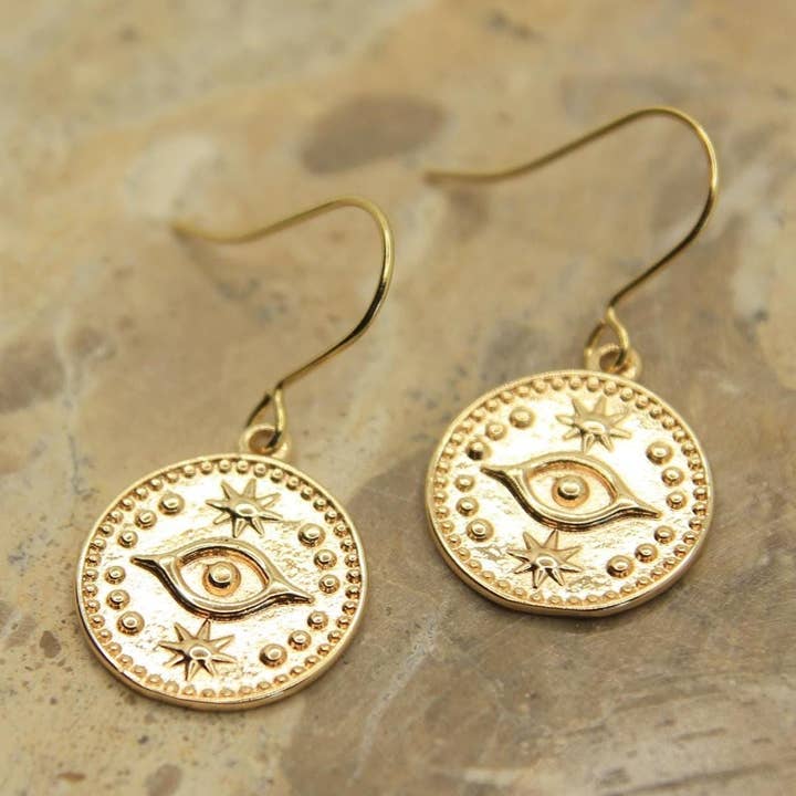 Gold Coin Dangle Earrings | Boho Eye and Star Design | Handmade Spiritual Jewellery and other Purchase Wholesale boho jewellery. Free Returns & Net 60 Terms on Faire trending on Faire.