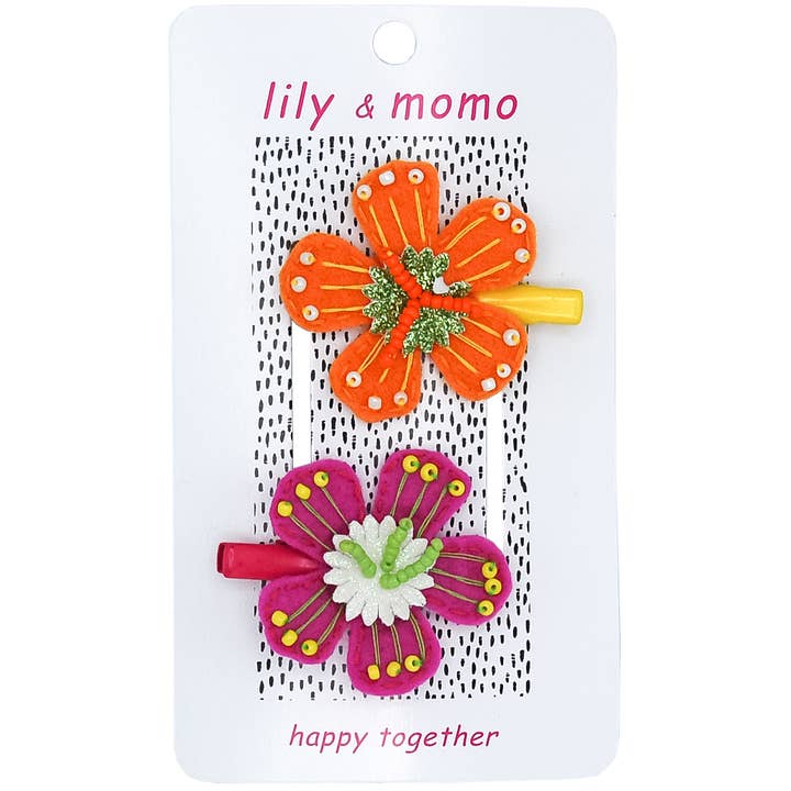 Lily and Momo - Wholesale Hair Clip - Kids - Hawaiian Flowers Hair Clips- Orange and Pink