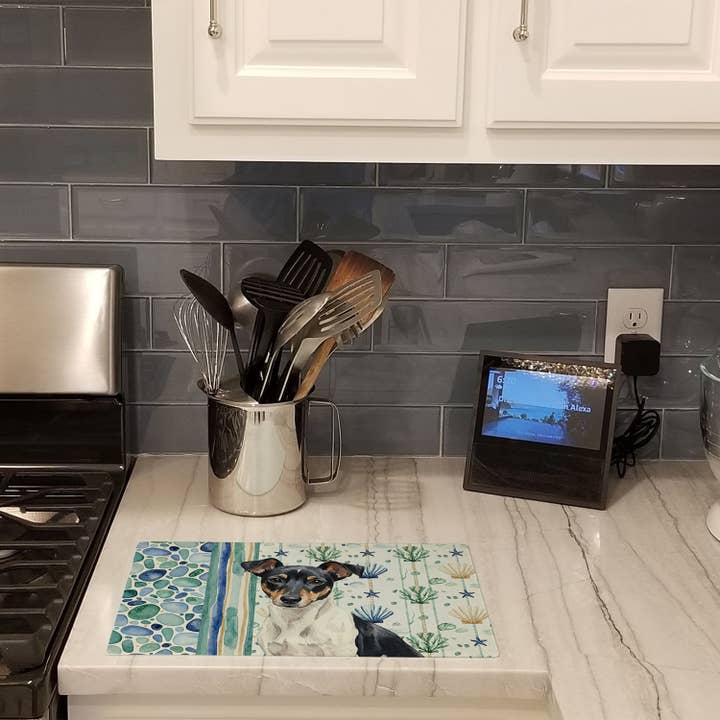 Planche à découper en verre de mer côtier Rat Terrier noir et blanc pour la vente par Caroline's Treasures