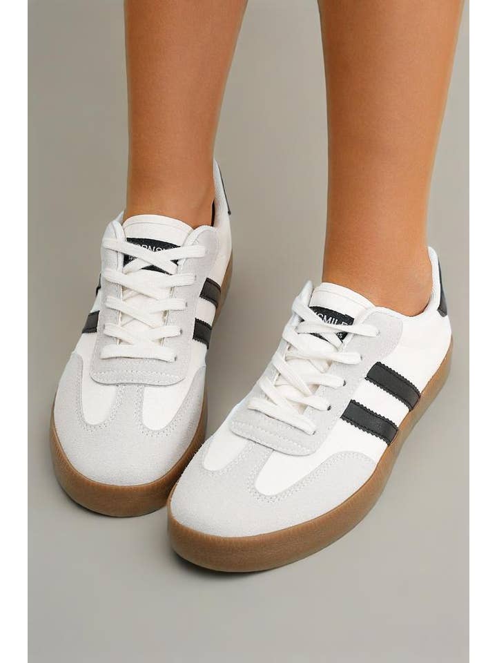 White Casual Striped Lace-Up Flat Sneakers for Women for wholesale on Faire