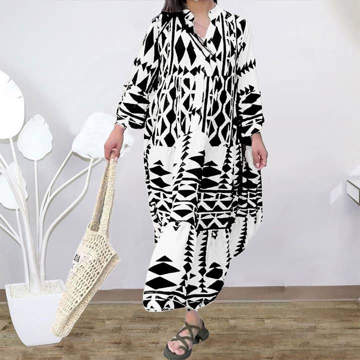 UNISHE - Wholesale Dress - Women's - V Neck Button Printing Maxi Dress ZK8781