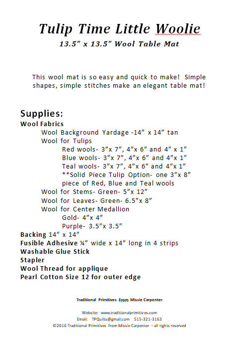 Traditional Primitives - Wholesale Craft Sewing Kit - Tulip Time Wool Applique Pattern1
