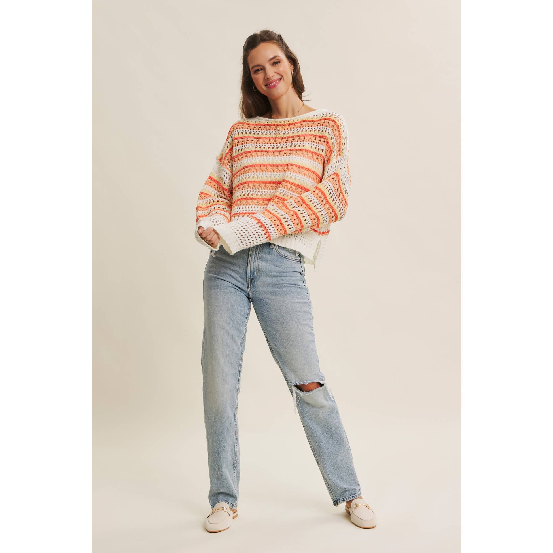 in february - Wholesale Knit Sweater - Women's - BRIGHT VIBRANT MULTI STRIPE LOOSE FIT CROCHET SWEATER TOP10